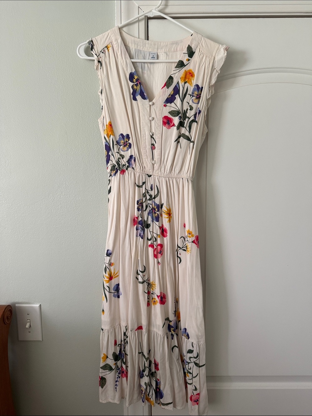 Old Navy Cream Floral V-Neck Midi Dress with Button Front